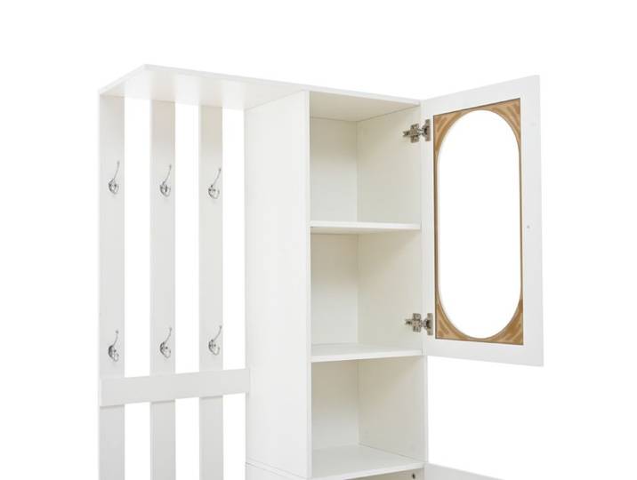 Meuble d'entrée multifonction blanc - 85 x 33 5 x 200 cm - 2 armoires - 6 crochets - banc à chaussures