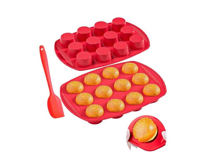 Muffinbackform 2-teiliges Set Silikon mit Spatel, Rot, Kunststoff, 20.5x3x29.5 cm, Backen & Backzubehör, Backformen, Muffinformen