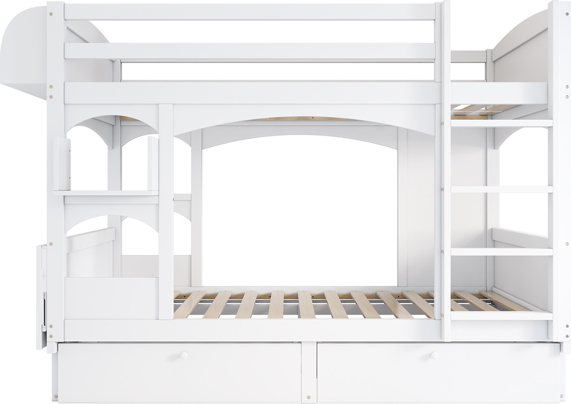 Etagenbett mit klappbarem Schreibtisch Regal Leiter und 2 Schubladen Kinderbett Hausbett Jugendbett 90*200cm Weiß