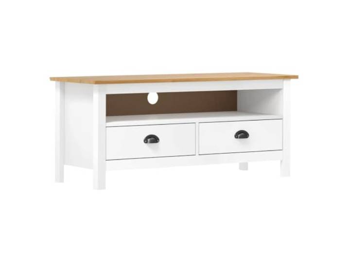 Roanoer TV-Schrank Massivholz Kiefer Lowboard 110x40x47 cm Rustikale Fernsehanrichte fürs Wohnzimmer mit 2 Schubladen und Fach für Mediaplayer, Bücher und Dekoration.