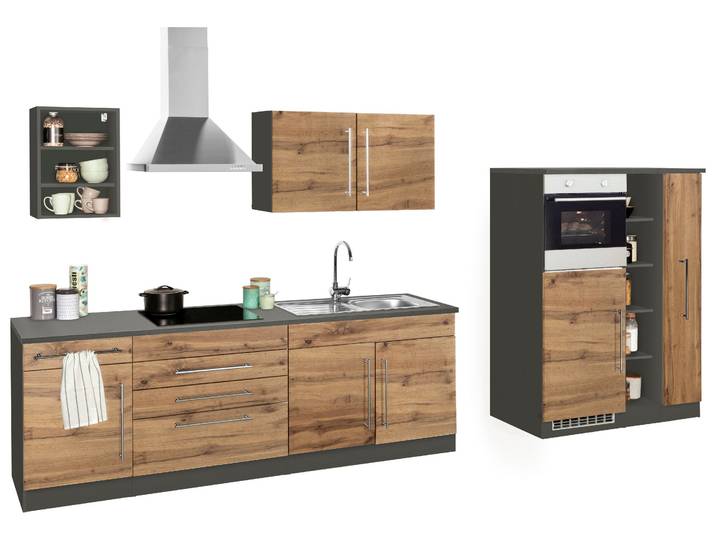 Küchenzeile, MDF & Spanplatte, Braun, 350×200×60 cm, Inkl. E-Geräte & Induktionskochfeld, Modern
