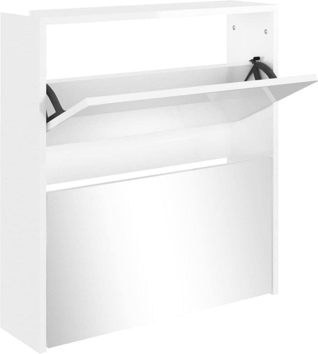 Compacte Schoenenkast met Spiegel en 2 Kantelvakken in Hoogglans Wit voor Hal of Slaapkamer