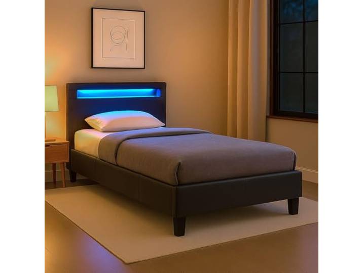 CARO-Möbel Polsterbett Mandalay mit LED Beleuchtung Einzelbett Lederbett 90 x 200 cm mit Lattenrahmen, Lederimitat in schwarz