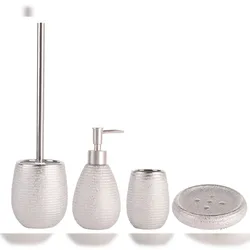 MSV Badezimmer Set, 4-teiliges Badzubehör aus Keramik Oman, Seifenspender, WC Bürste, Seifenschale und Zahnputzbecher Silber