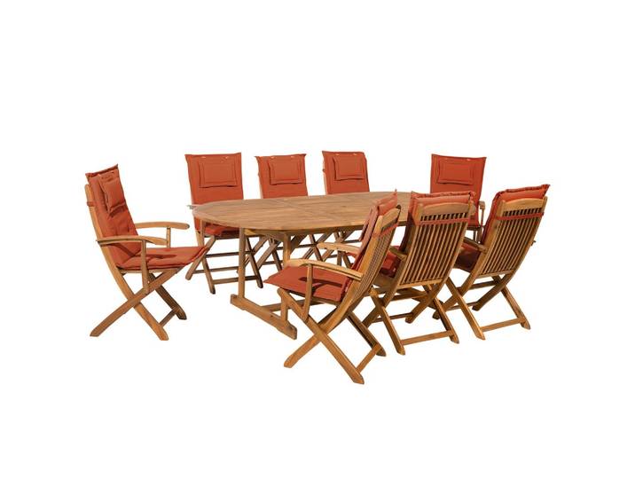 GARTENMÖBEL SET 8-Sitzer Akazienholz hellbraun Auflagen terracotta Maui