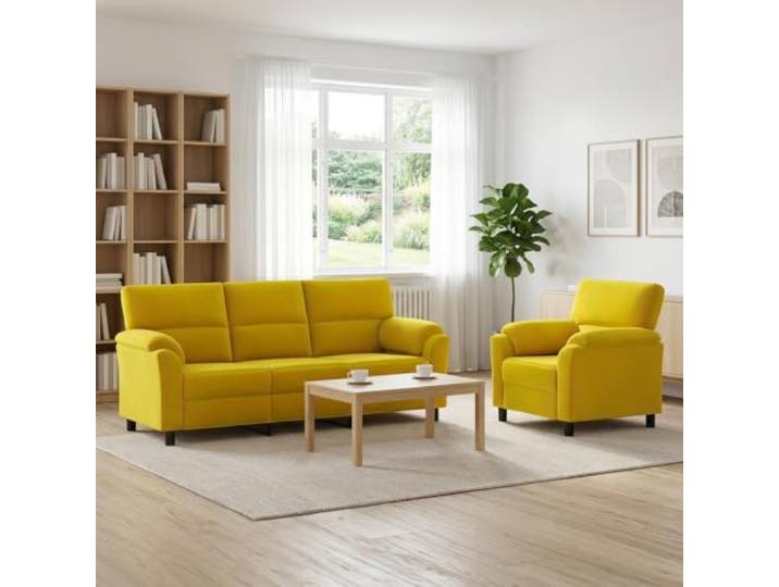 Sofa-Set 2 Stück Gelb Samt Metallrahmen,Kissenrücken,konische Beine,trockenes Tuch zur Pflege,Innenbereich