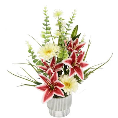 Kunstblume I.GE.A. "Blumenarrangement aus Lilien und Gerbera im Topf aus Keramik", rot (hellrot), B:26cm H:48cm L:20cm, Polyester, Kunstpflanzen, Dekoblumen Blumenstrauß Seidenblumen Tischdeko Hochzeitsdeko