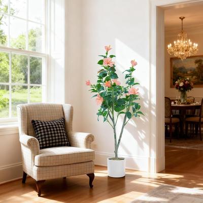 YUN 4ft Artificial Roselle Flower Tree, Lifelike Faux Plant with Silk Leaves and Blooms in White Pot - White pot