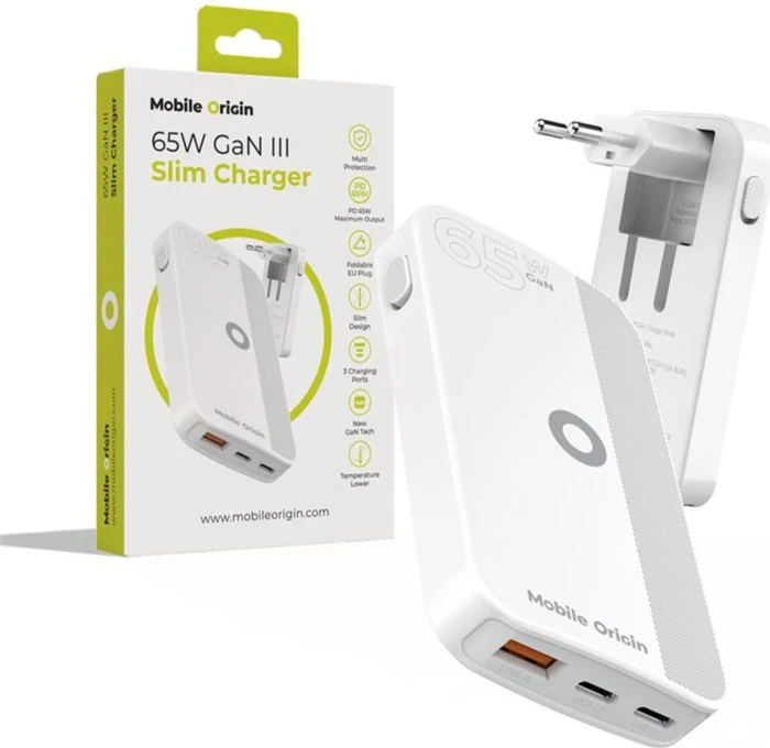Mobile Origin 65W GaN III Slim Charger dual USB-C Single USB-A White