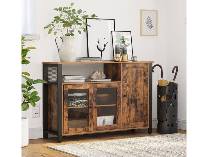 VASAGLE Buffet Sideboard, Küchenschrank, für Wohnzimmer, Esszimmer, 110x33x75 cm 3 Türen, Aufbewahrungsschrank, Landhausstil, vintagebraun-schwarz