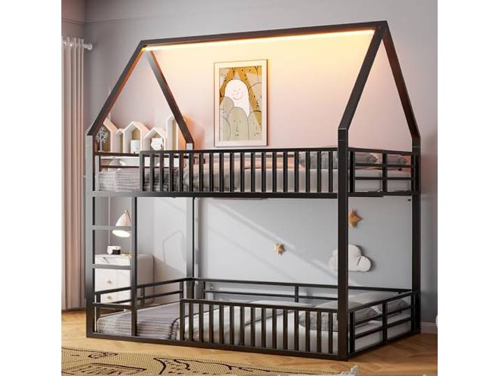 Metallbett Etagenbett 140x200 mit LED-Licht & USB & Rausfallschutz, Schwarz Multifunktionales Kinderbett Etagenbett 140x200 Hausbett mit LED-Beleuchtung, USB-Anschluss und Rausfallschutz, Ohne Matratze