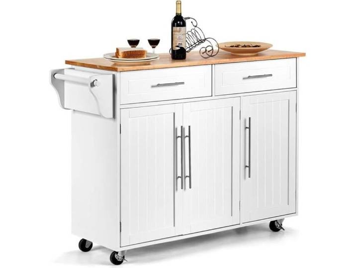 RELAX4LIFE Desserte Cuisine Buffet à Roulettes 3 Portes & 2 Tiroirs & 6 Compartiments Porte-Serviettes et Porte-Outils Blanc