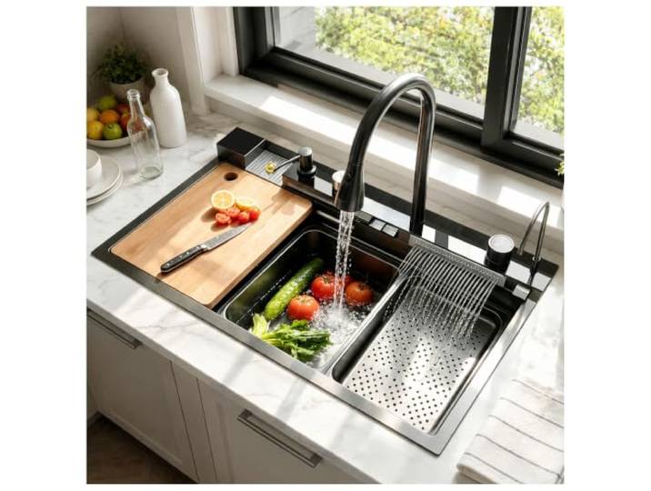 ATHOMASM Edelstahl Küchenspüle 80x46cm mit Temperaturanzeige, Nano-Beschichtung, Doppel-Wasserfall & Arbeitsplatte – Einzelbecken 1 Becken mit Ausziehbaren Wasserhahn