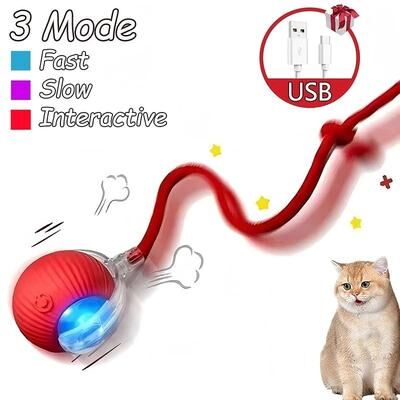 Inspired Finds Rechargeable Interactive Rolling Ball Cat Toy With Faux Tail red