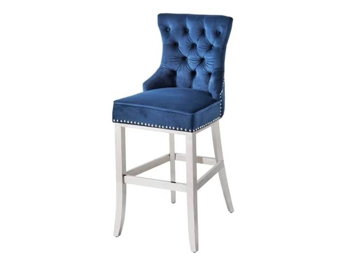 Barhocker CASTLE DELUXE - 116cm - blau silber - Samt Edelstahl-Gestell Nietenbesatz, Ziersteppung, hoher Komfort, bequeme Polsterung, Chesterfield, Design, silbernen Ziernieten veredelt