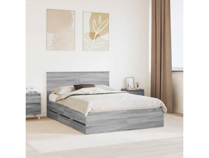 RJPLMFV Bettgestell, Grau, Sonoma, 150 x 200 cm, Holz, Technik Mit geheimer Aufbewahrung, feste Latten, modernes Design, leicht zu reinigen