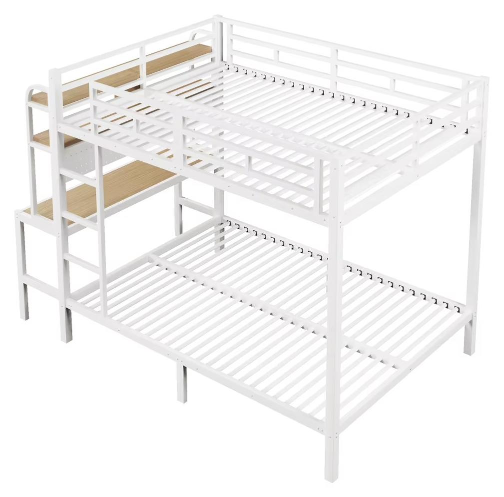 Etagenbett - Metallrahmen - 140 x 200 cm - Sicherheitsgitter - Leiter - LED-Licht mit USB-Anschluss - Weiß