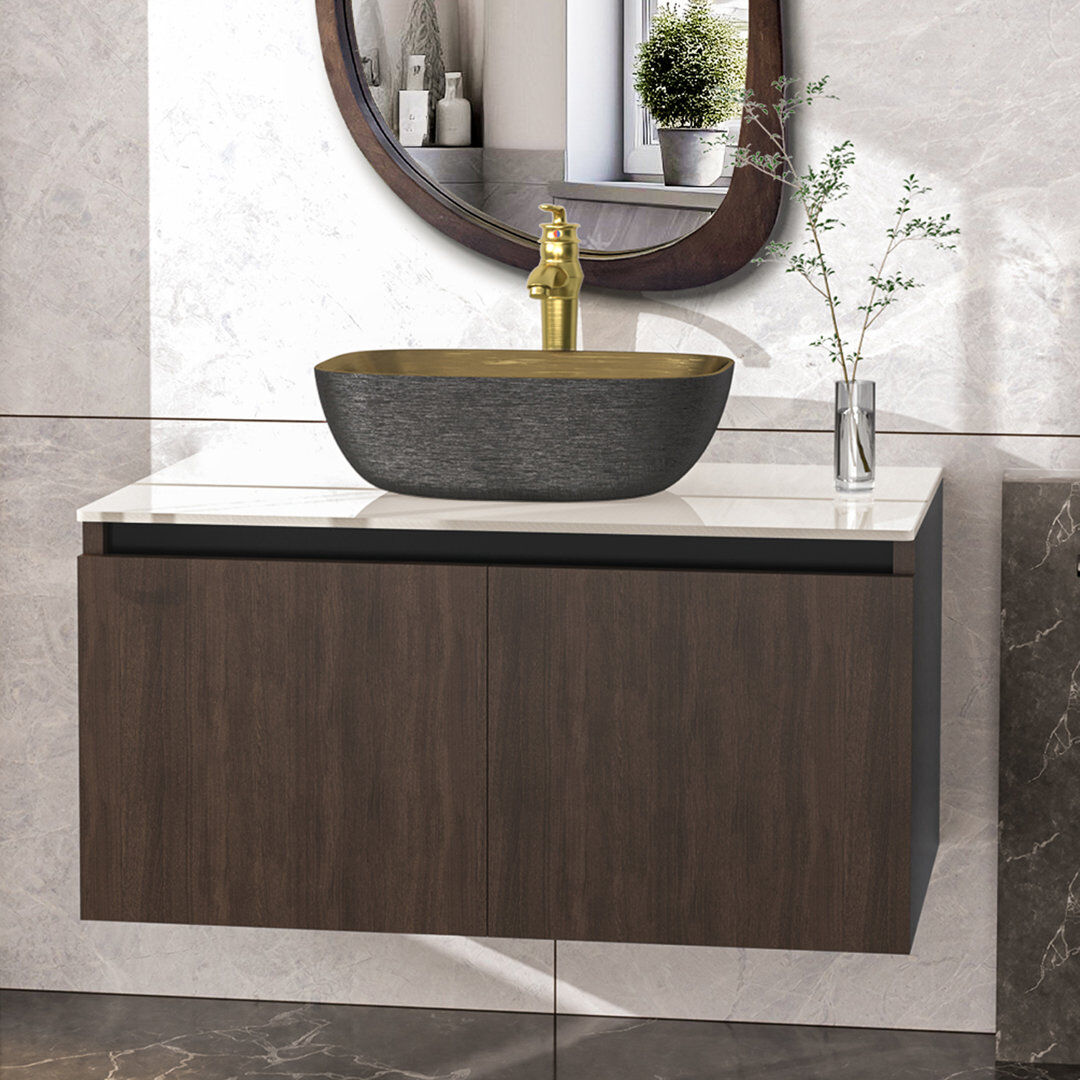 Ebern Designs Ronique 80Cm Wall Mounted Single Bathroom Vanity Sink with Ceramic Basin, Faucet and Hoses Brown 800mm W