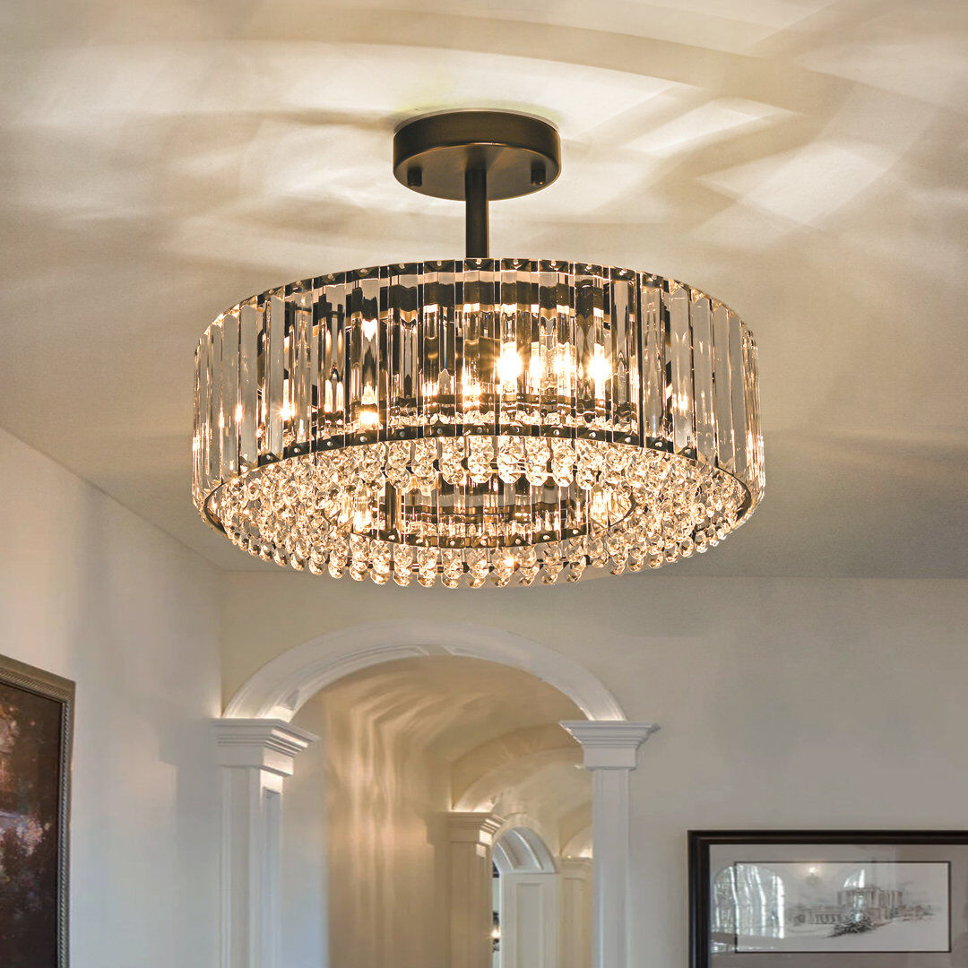 Mercer41 4 - Light Drum Crystal Semi Flush Mount Matte Black 15.5cm H X 40cm W X 40cm D