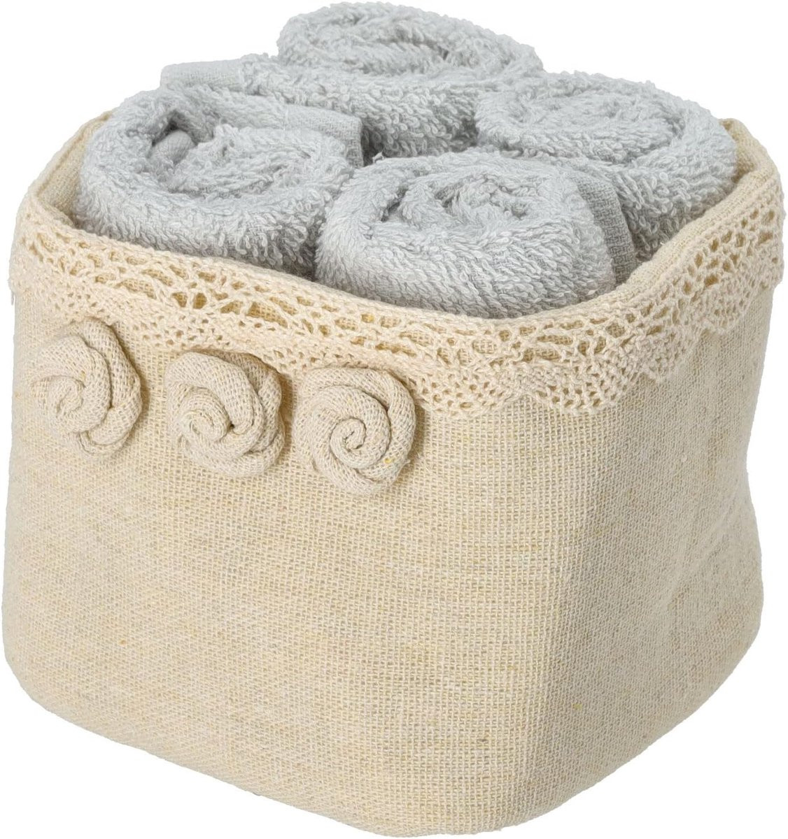 Badkamer Lavette Set met Decoratieve Mand - 4 Lichtgrijze Gastendoekjes - 30 x 30 cm