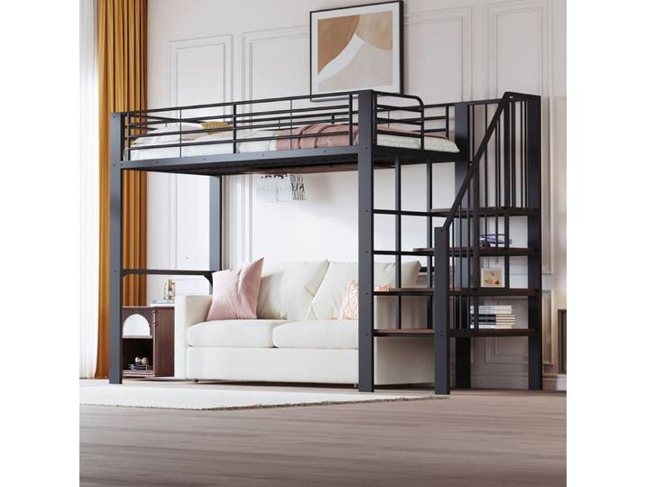 Lit mezzanine - ZEVKOR - Lit Mezzanine 1 Place 90x200 - Escalier - Rangement sous lit - Métal & bois noir