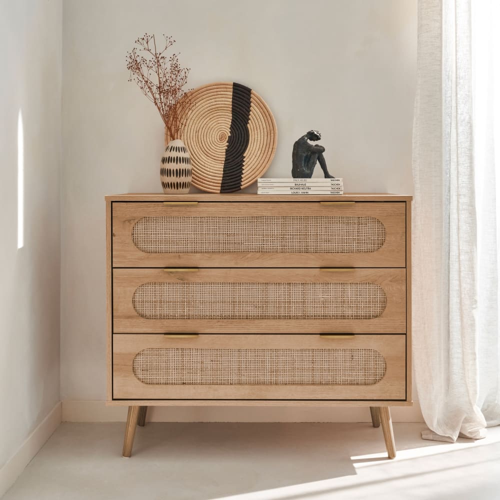 sweeek Commode décor bois, cannage arrondi, 3 tiroirs Beige 90x79x39cm