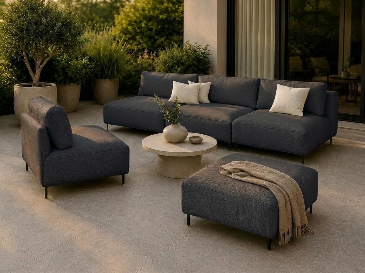 Garten Lounge Set SUN - Outdoor Möbel Set mit Sofa, Sessel und Hocker, UV-beständig und wasserabweisend