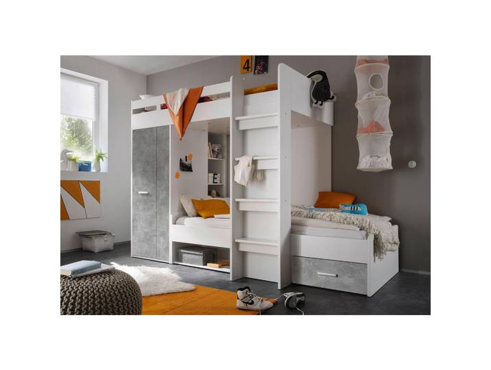 P & B Etagenbett, Weiß, Hellgrau, 90x200 cm, Bettkasten, Kinderzimmer & Jugendzimmer, Kindermöbel, Kinderbetten, Etagenbetten