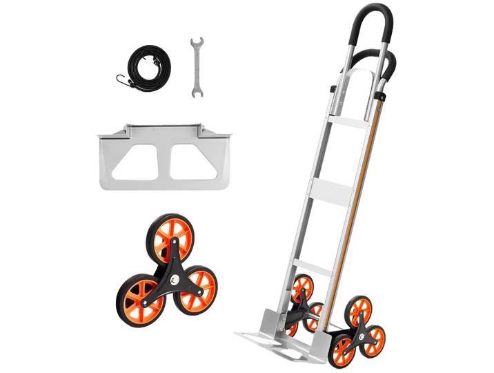 Diable d'escalier pliable VEVOR\, capacité de charge de 150 kg\, diable d'escalier en alliage d'aluminium avec poignée télescopique\, 6 roues et 2 sangles de fixation\, diable empilable pour la maison\, les courses et l'entrepôt