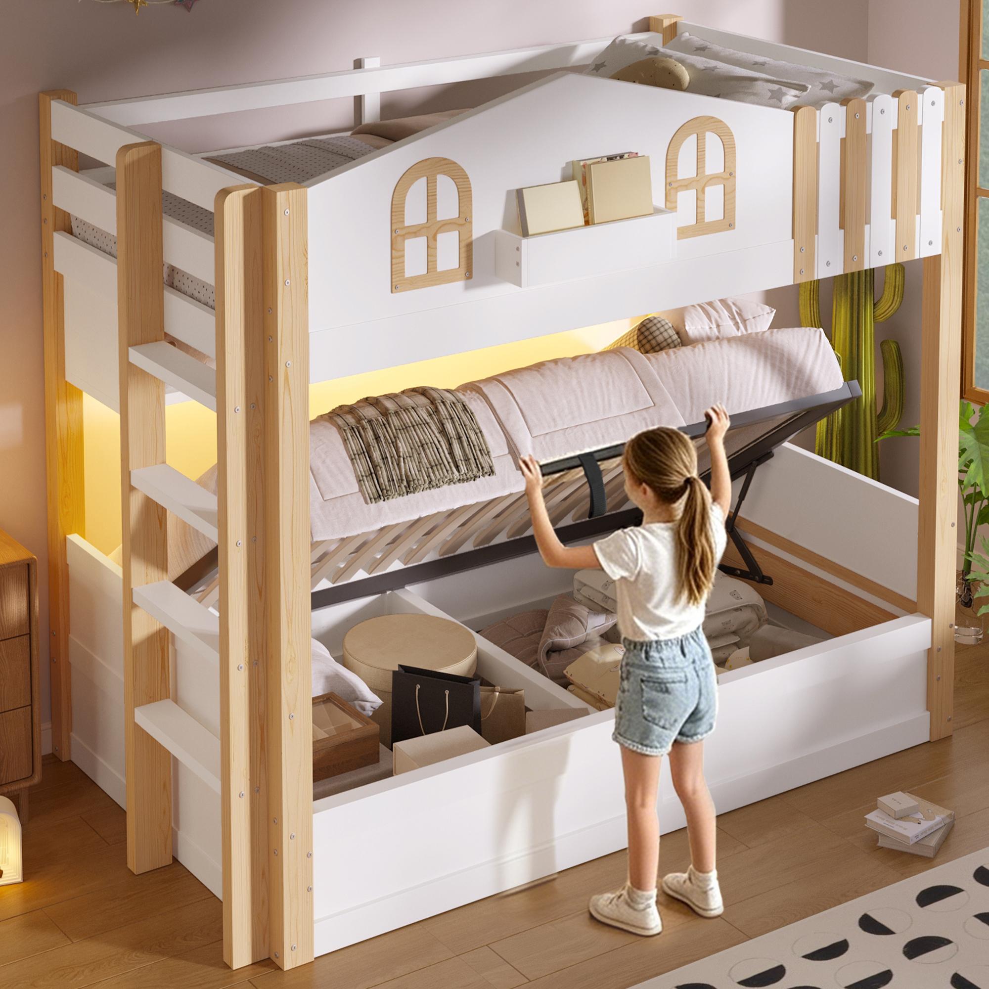 Merax Etagenbett 90x200 cm, Hausbett Kinderbett Mit LED Beleuchtung, Hydraulischem Stauraum, Leiter, Regalen, Spielhaus Design, Stockbett, Weiß+Natur