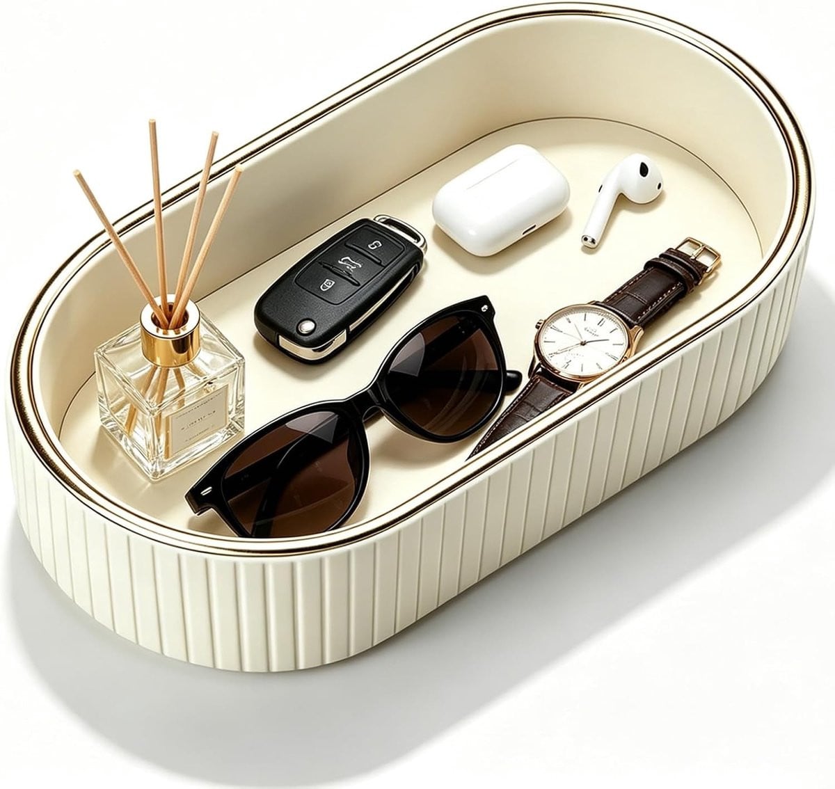 Ovale decoratieve tray van PU-leer voor sieraden en cosmetica, beige