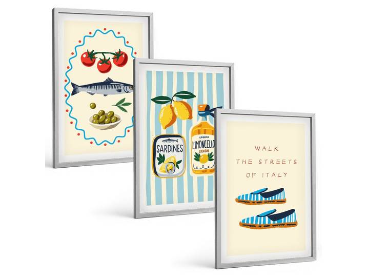 BILDER SET 3er Set - 40x60 cm Silberner Rahmen - Italienische Aromen und Lifestyle-Bilder