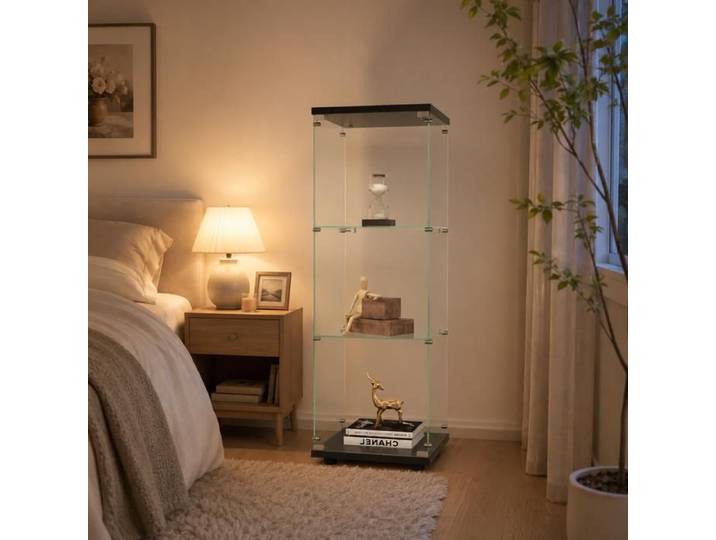 Vitrine en verre avec 3 étagères 1 porte et serrure vitrine transparente pour salon noir - 125x42x36cm