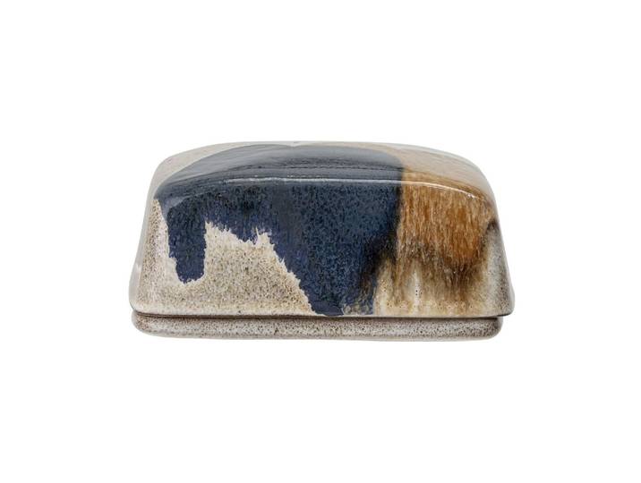 Beurrier en grès gris, artisanal, glaçure multicolore, va au lave