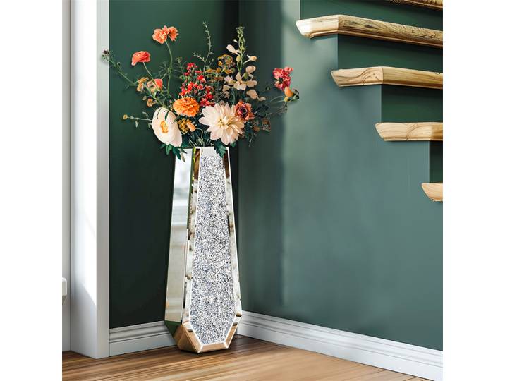 Grand vase en verre de luxe sur pied avec support en diamant écrasé argenté pour la décoration de la maison et des hôtels