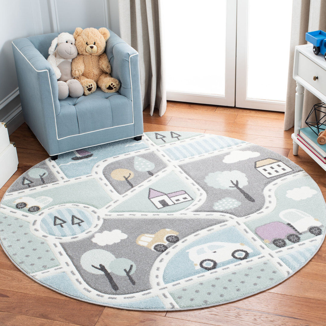 Zoomie Kids Carousel Kids Town Area Rug In Grey / Light Blue Gray;Light Blue Round 160 cm