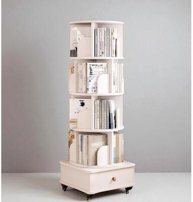 Fundinbaths Rotating Wooden Bookcase with Drawer, 5-Tier Space-Saving Floor Shelf Organizer for Bedroom & Small Rooms