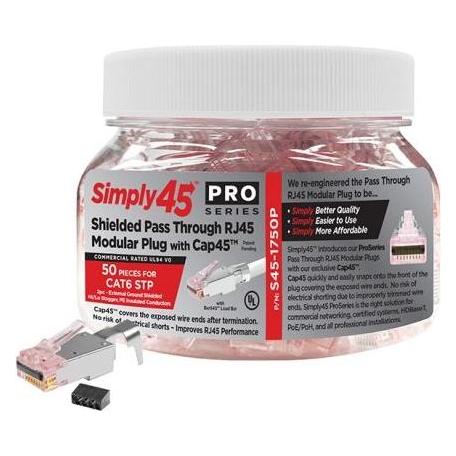 SCP SIMPLY45 Pro Series - Cat6 RJ45 Shielded, 23AWG Solid PE Insulated Wire Conductors, 50pcs in jar (S45-1750P)