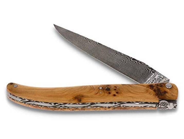Laguiole en Aubrac Messer 12 cm - Wacholder plein manche - Zisellierte Platine - Damastklinge - Frankreich Taschenmesser