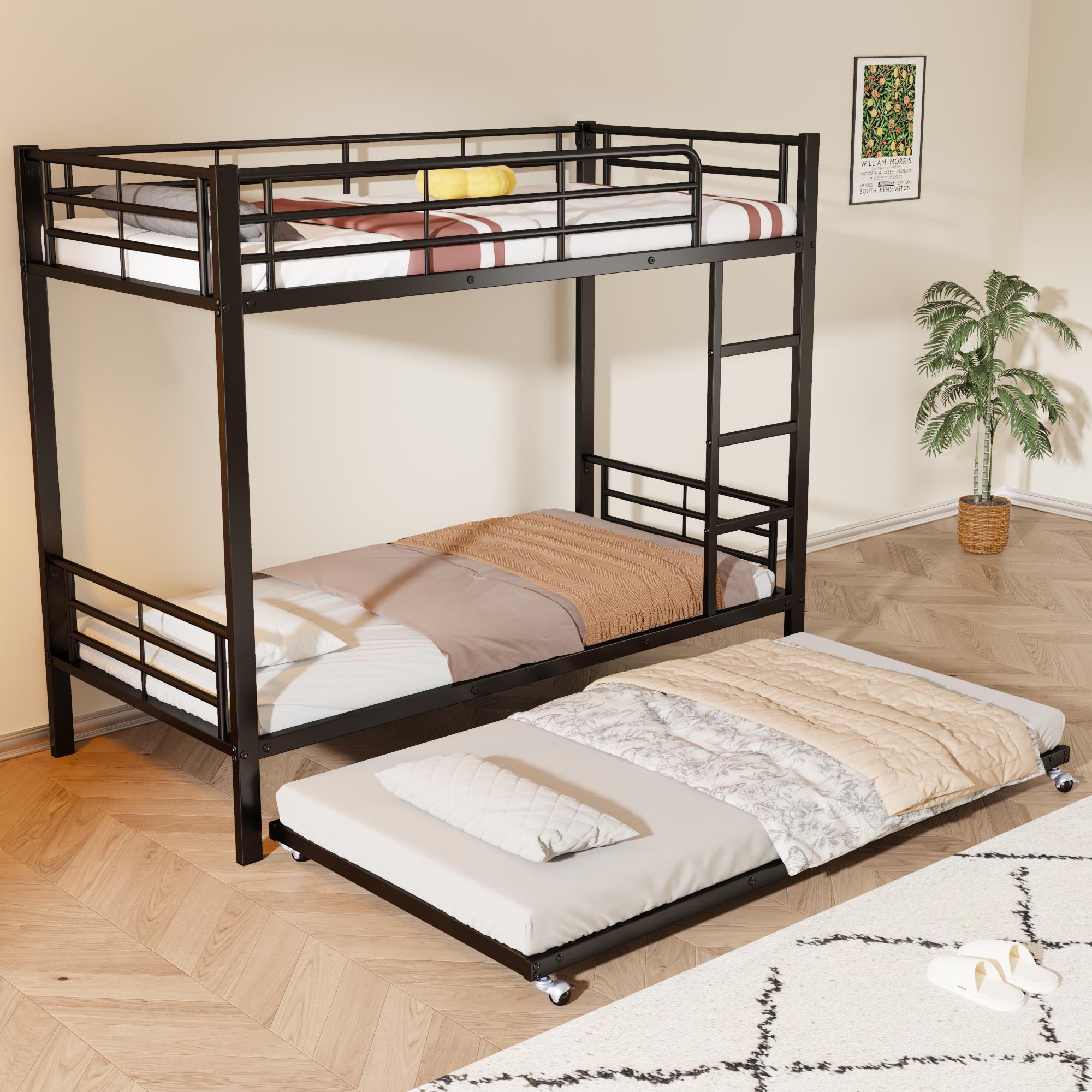 STILVORA Etagenbett 90x190/200 mit Ausziehbett,Jugendbett mit Seitenleiter,Eisenbett mit Fallschutzgitter,Schwarz(mit Matratze)