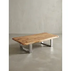 Couchtisch Braun Akazien-Massivholz mit Metallgestell, Baumkante, 115x25x58cm