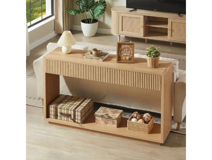 Table Console 150 cm Effet Bois Naturel Console Moderne FloraGrace Pour Entrée Et Salon 2 Tiroirs Et Niche Ouverte 150x35x85cm