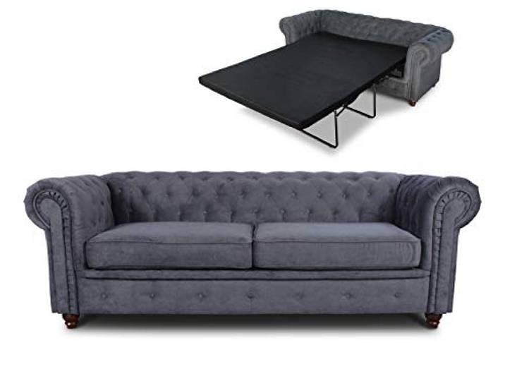 Sofnet - Schlafsofa Chesterfield Asti Bis 3-Sitzer (Graphit, Capri 16) Bettsofa, Sofa mit Schlaffunktion, 3-Sitzer, Couch, Bettfunktion, Strukturstoff, Holzfüße, Chesterfield Stil