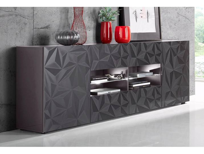 Sideboard HOME AFFAIRE Prisma Breite 241, Kommode 2 Türen, 4 Schubkästen, Anrichte , grau (anthrazit hochglanz lack, anthrazit mit siebdruck hochglanz lack), Sideboards, Sideboard, Front mit elegantem Siebdruck, grifflos, viel Stauraum
