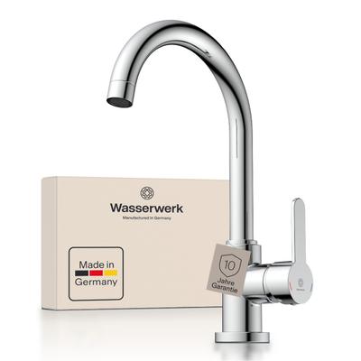 Spültischarmatur WASSERWERK "WK 5, Wasserhahn, Küche, Einhebelmischer", silber (chrom), B:5,9cm H:33,3cm T:21,3cm, Messing, Armaturen, 360 schwenkbar, Cold-Start-Funkt., geräuscharm