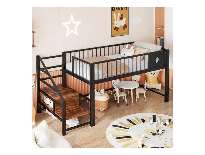 MODFU Kinderbett mit Aufbewahrungsleiter & Metallrahmen (Hochbett Metallbett, bietet Stauraum und sicheren Schlafplatz, Einzelbett 90 × 200 cm), Inklusive Matratze