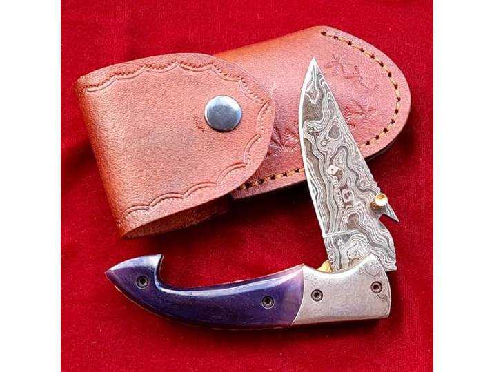 CRAFTOMATIK Damast Stahl Taschenmesser Klappmesser Kamelknochen, Damast Stahl, Messing Griff Handgefertigt Outdoor Damastmesser Camping Messer FK41