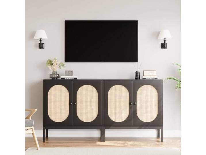 IDEALHOUSE Modernes Rattan Sideboard mit Holzoptik, Glastüren, verstellbaren Ablagen & Metallbeinen – Systemstandardfarbe
