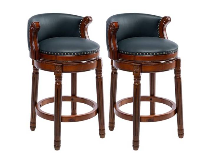 AULIFE Drehbarer Barhocker aus Echtleder mit Rückenlehne, Barstuhl aus Massivholz mit Walnuss-Finish, Counter Height Sitzhöhe 65/75cm, für Küche, Theke und Bar (2er Set Blau, Sitzhöhe-65cm)