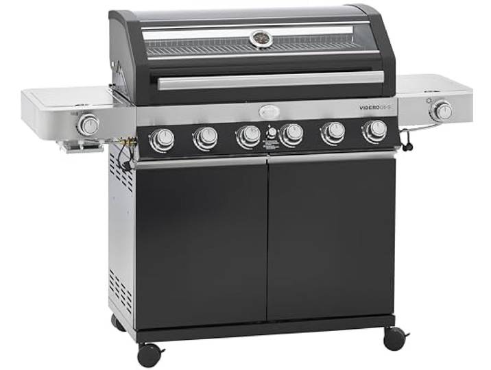 RÖSLE Gasgrill BBQ-Station VIDERO G6-S Schwarz, Grill mit 6 Edelstahlbrennern, extra Primezone und Seitenbrenner, klappbare Seitentische, VARIO+, pulverbeschichteter Stahl